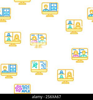 Video Conference Communication Vector Seamless Pattern Color Line Illustration. Video Conference Communication Icons Set Vector Stock Vector