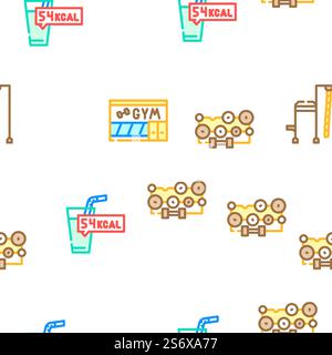 Fitness Gym Sportive Equipment Vector Seamless Pattern Color Line Illustration. Fitness Gym Sportive Equipment Icons Set Vector Stock Vector