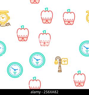 Clock And Watch Time Equipment Vector Seamless Pattern Color Line Illustration. Clock And Watch Time Equipment Icons Set Vector Stock Vector
