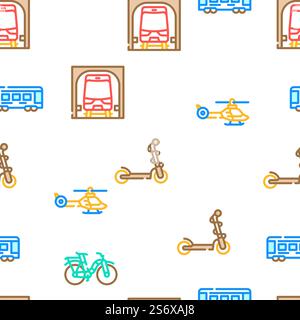 Transport Vehicle And Flying Vector Seamless Pattern Color Line Illustration. Transport Vehicle And Flying Icons Set Vector Stock Vector