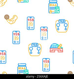 Fitness Gym Sportive Equipment Vector Seamless Pattern Color Line Illustration. Fitness Gym Sportive Equipment Icons Set Vector Stock Vector