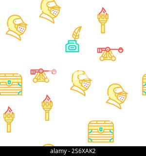 Medieval Middle Age Collection Vector Seamless Pattern Color Line Illustration. Medieval Middle Age Collection Icons Set Vector Stock Vector