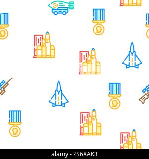 Military Weapon And Transport Vector Seamless Pattern Color Line Illustration. Military Weapon And Transport Icons Set Vector Stock Vector