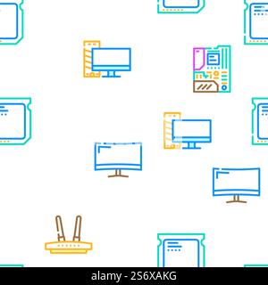 Computer Accessories And Parts Vector Seamless Pattern Color Line Illustration. Computer Accessories And Parts Icons Set Vector Stock Vector