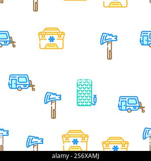 Camping Hiker Tool And Gadget Vector Seamless Pattern Color Line Illustration. Camping Hiker Tool And Gadget Icons Set Vector Stock Vector