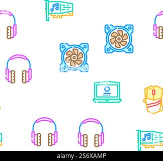 Computer Accessories And Parts Vector Seamless Pattern Color Line Illustration. Computer Accessories And Parts Icons Set Vector Stock Vector