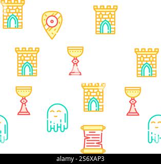 Medieval Middle Age Collection Vector Seamless Pattern Color Line Illustration. Medieval Middle Age Collection Icons Set Vector Stock Vector
