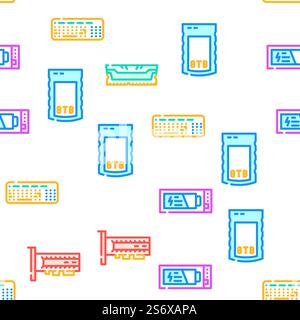 Computer Accessories And Parts Vector Seamless Pattern Color Line Illustration. Computer Accessories And Parts Icons Set Vector Stock Vector