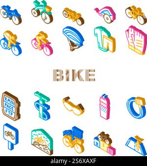 Bike Transport And Accessories Icons Set Vector. Cruiser And Tandem Bike, Trailer For Child And Rider Protective Helmet, Gloves And Clothes. Mountain And Road Riding Isometric Sign Color Illustrations. Bike Transport And Accessories Icons Set Vector Stock Vector