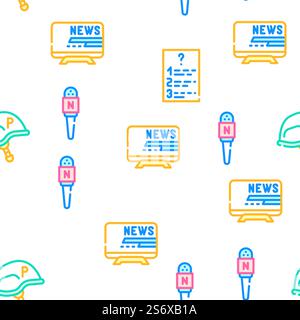 Journalist Accessories Collection Vector Seamless Pattern Color Line Illustration. Journalist Accessories Collection Icons Set Vector Illustrations Stock Vector