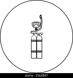 Set of skin-diver scuba diver mask snorkel aqualung dive tank cylinders balloon diving gear icon in circle round black color vector illustration image outline contour line thin style simple. Set of skin-diver scuba diver mask snorkel aqualung dive tank cylinders balloon diving gear icon in circle round black color vector illustration image outline contour line thin style Stock Vector