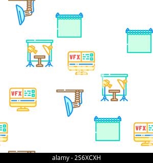 Video Production And Creation Vector Seamless Pattern Color Line Illustration. Video Production And Creation Icons Set Vector Stock Vector