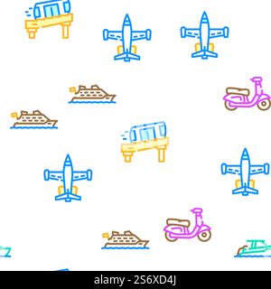 Transport Vehicle And Flying Vector Seamless Pattern Color Line Illustration. Transport Vehicle And Flying Icons Set Vector Stock Vector