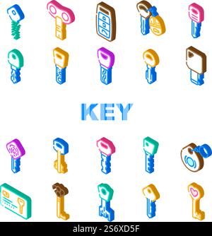 Key For Open And Close Padlock Icons Set Vector. Vintage And Modern Electronic Key With Fingerprint Scanner System, Car And House, Standard English And Ancient Style Color Illustrations. Key For Open And Close Padlock Icons Set Vector Stock Vector