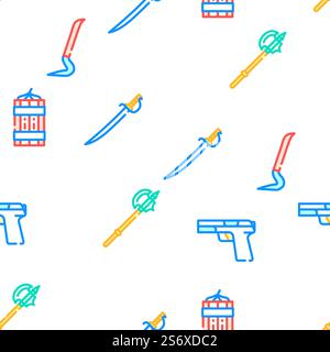 Weapon Military Army Equipment Vector Seamless Pattern Color Line Illustration. Weapon Military Army Equipment Icons Set Vector Stock Vector