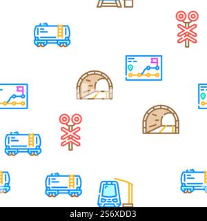 Railway Train Transportation Vector Seamless Pattern Color Line Illustration. Railway Train Transportation Icons Set Vector Stock Vector