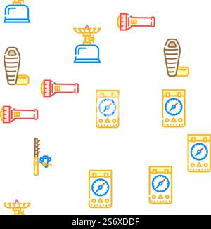 Camping Hiker Tool And Gadget Vector Seamless Pattern Color Line Illustration. Camping Hiker Tool And Gadget Icons Set Vector Stock Vector