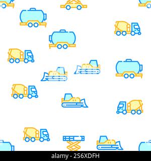 Construction Vehicle Collection Vector Seamless Pattern Color Line Illustration. Construction Vehicle Collection Icons Set isolated illustration Stock Vector