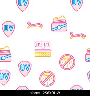Sunscreen Protection Collection Vector Seamless Pattern Color Line Illustration. Sunscreen Protection Collection Icons Set isolated illustration Stock Vector