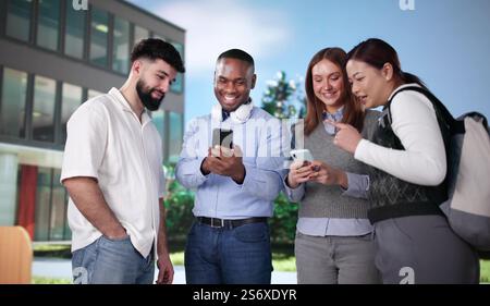 University Friends Outside Campus Using Smartphones Or Cellphones Stock Photo