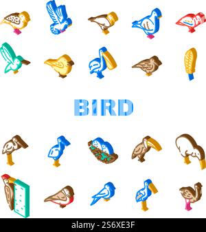 Bird Flying And Eggs In Nest Icons Set Vector. Toucan And Eagle, Crane And Pelican, Sparrow And Stork Flight Bird. Hummingbird And Woodpecker Wildlife In Nature Isometric Sign Color Illustrations. Bird Flying And Eggs In Nest Icons Set Vector Stock Vector