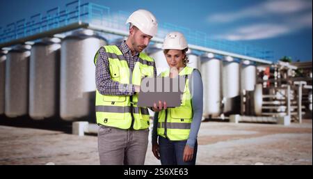 Silo Industrial Facility Managers At Work. Safety Inspector Stock Photo