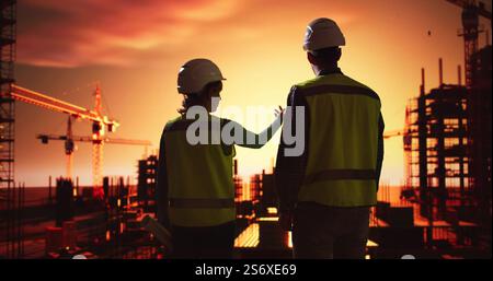 Silhouette Of An Architect Showing Something To His Partner At Construction Site Stock Photo