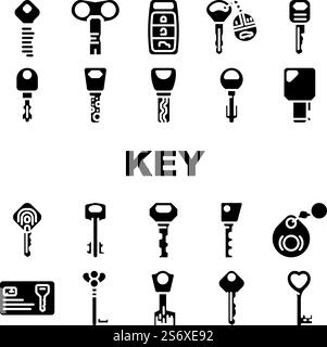 Key For Open And Close Padlock Icons Set Vector. Vintage And Modern Electronic Key With Fingerprint Scanner System, Car And House, Standard English And Ancient Style Color Illustrations. Key For Open And Close Padlock Icons Set Vector Stock Vector