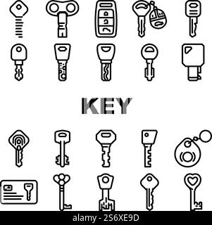 Key For Open And Close Padlock Icons Set Vector. Vintage And Modern Electronic Key With Fingerprint Scanner System, Car And House, Standard English And Ancient Style Color Illustrations. Key For Open And Close Padlock Icons Set Vector Stock Vector