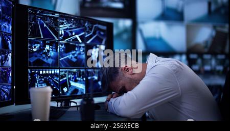 Security System CCTV Camera Operator Using Computer Monitor Stock Photo