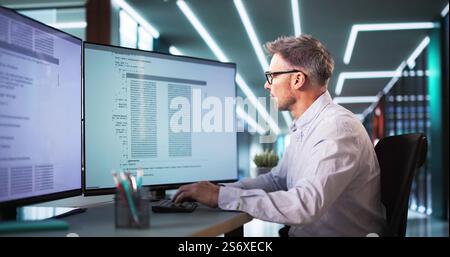 Software Programmer Or Coder Man Using Office Computer Stock Photo