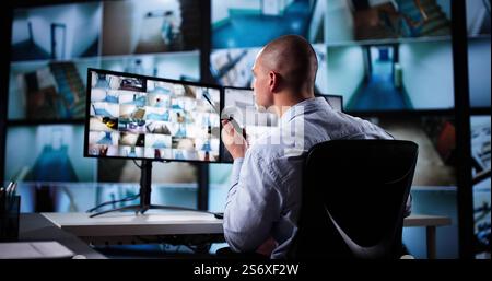 Security System Cctv Monitor Room. Man Using Walkie Talkie Stock Photo