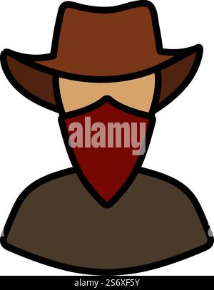 Cowboy With A Scarf On Face Icon. Editable Bold Outline With Color Fill Design. Vector Illustration. Stock Vector