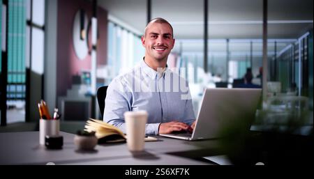 Happy Professional Man Employee Using Computer For Work Stock Photo