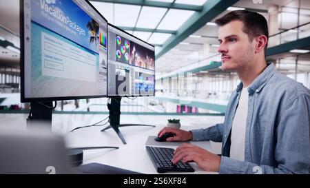 Graphic Web Designer Artist Using Computer To Design Stock Photo