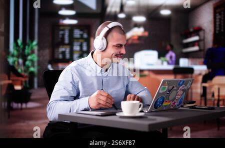 Graphic Photo Designer Using Computer Screen In Coffee shop Stock Photo