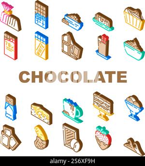 Chocolate Sweet Food And Drink Icons Set Vector. White And Dark Chocolate Bar And Candy, Strawberry And Banana Delicious Cocoa Dessert. Coffee And Milky Beverage Isometric Sign Color Illustrations. Chocolate Sweet Food And Drink Icons Set Vector Stock Vector