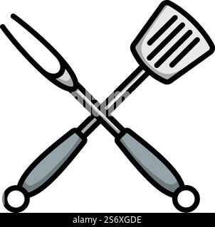 Crossed Frying Spatula And Fork Icon. Editable Bold Outline With Color Fill Design. Vector Illustration. Stock Vector