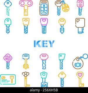 Key For Open And Close Padlock Icons Set Vector. Vintage And Modern Electronic Key With Fingerprint Scanner System, Car And House, Standard English And Ancient Style Color Illustrations. Key For Open And Close Padlock Icons Set Vector Stock Vector