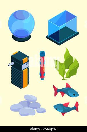 Aquarium isometric. Decorative tools for interior water domestic pets in tank with underwater flora reef starfish shells garish vector 3d illustrations. Aquarium isometric equipment for fish. Aquarium isometric. Decorative tools for interior water domestic pets in tank with underwater flora reef starfish shells garish vector 3d illustrations Stock Vector