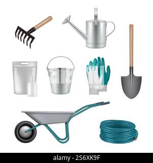 Gardening tools. Shovels fertilizer scissors items for growing plants and care flowers and grass decent vector realistic pictures set. Illustration of trowel and shovel for garden. Gardening tools. Shovels fertilizer scissors items for growing plants and care flowers and grass decent vector realistic pictures set Stock Vector