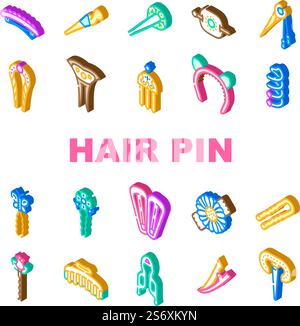 Hair Pin Decorative Accessory Icons Set Vector. Golden Hair Pin With Gemstone And Decorated Butterfly, Rose Bud And Chamomile Flower. Stylish Tool For Hairstyle Color Illustrations. Hair Pin Decorative Accessory Icons Set Vector Stock Vector