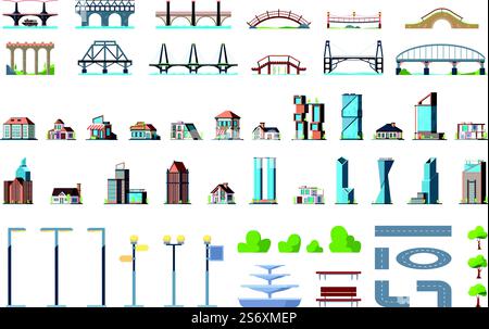 City map kit. Town buildings houses trees roads urban infrastructure transport busses and cars landscape ellements grass and rocks vector flat illustrations. City house building for cityscape design. City map kit. Town buildings houses trees roads urban infrastructure signs transport busses and cars landscape ellements grass and rocks garish vector flat illustrations Stock Vector