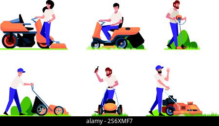 Green grass care. Characters gardeners working with lawn mowing machines tractors in garden garish vector cartoon background. Illustration of gardener with lawnmower on green backyard. Green grass care. Characters gardeners working with lawn mowing machines tractors in garden garish vector cartoon background Stock Vector