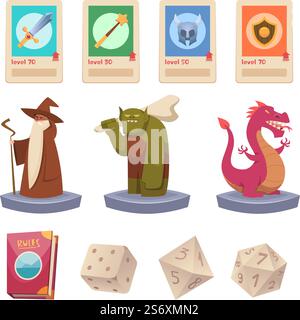 Role play games. Dnd polygonal dice for multiplayer fantasy games rpg enemy fairytale medieval adventure symbols exact vector cartoon illustration. Geometrical polygon gaming, role-playing. Role play games. Dnd polygonal dice for multiplayer fantasy games rpg enemy fairytale medieval adventure symbols exact vector cartoon illustration Stock Vector