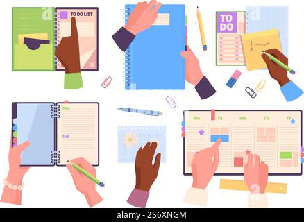 Hands on planners. People holding diary sketchbooks papers garish vector pages template top view. Planner hand schedule to work illustration. Hands on planners. People holding diary sketchbooks papers garish vector pages template top view Stock Vector