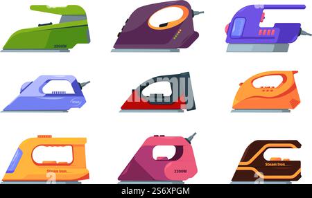 Flatirons collection. Housewife steam electricity tools for cleaning iron garish vector pictures set. Illustration of equipment home flatiron, housekeeping electrical. Flatirons collection. Housewife steam electricity tools for cleaning iron garish vector pictures set Stock Vector