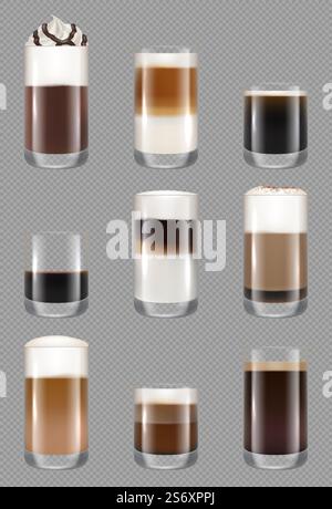 Coffee mug. Morning drinks in cups americano espresso beverage liquids black coffee with milk foam decent vector realistic illustration. Drink morning coffee mug collection. Coffee mug. Morning drinks in cups americano espresso beverage liquids black coffee with milk foam decent vector realistic illustration Stock Vector