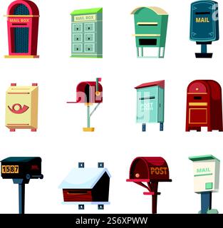 Mailboxes. Post box for correspond letters delivery individual numeric containers for receiving correspondence garish vector illustrations. Correspondence post mailbox, letter service postbox. Mailboxes. Post box for correspond letters delivery individual numeric containers for receiving correspondence garish vector illustrations Stock Vector