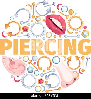 Piercing circle. Decorative round shape with piercing elements dots arrows rings brackets garish vector print design template. Piercing circle shape, decoration pierce illustration. Piercing circle. Decorative round shape with piercing elements dots arrows rings brackets garish vector print design template Stock Vector